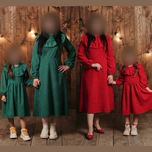 پیراهن ست مادر دختر مخمل کبریتی یلدا سبز قرمز مشکی رنگی مجلسی سایزبزرگ 36 تا 50 کودک نوجوان ایرانا