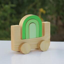 اسباب بازی ماشین حمل رنگین کمان چوبی و پازل چوبی برند رادین چوب- رنگ گیاهی 
