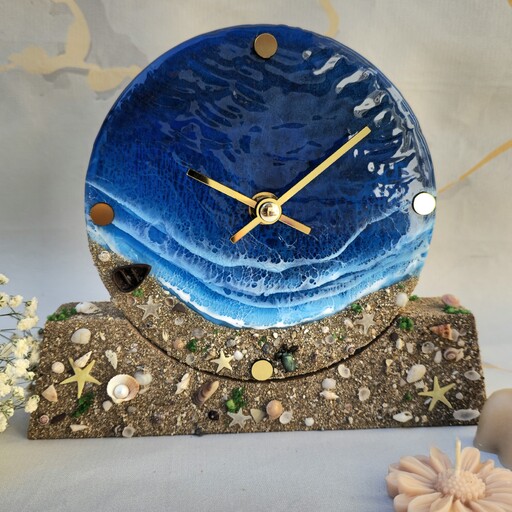 ساعت رومیزی چوب و رزین طرح دریای مواج  15 سانتی با ستاره های شبتاب دستساز