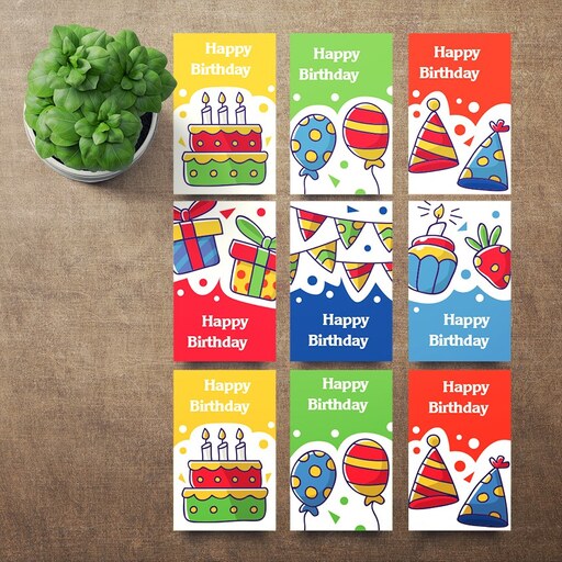 مجموعه  ی 9 عددی کارت تبریک تولد طرح کیک تولد کلاه و بادکنک کد 02