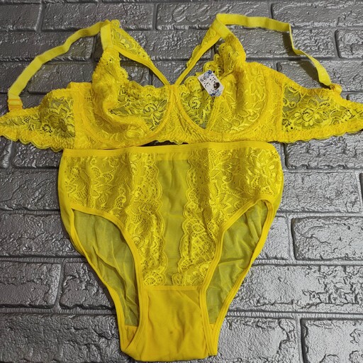 ست لباس زیر  زنانه دانتل هارنسی دار  دالبر فانتزی رنگ زرد ارسال رایگان پستی