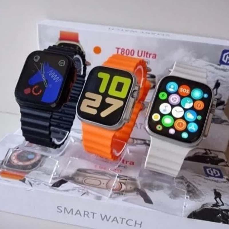 ساعت هوشمند t800 اولترا با شارژر وایرلس طرح اپل واچ بند نارنجی و مشکی  ultra تی800