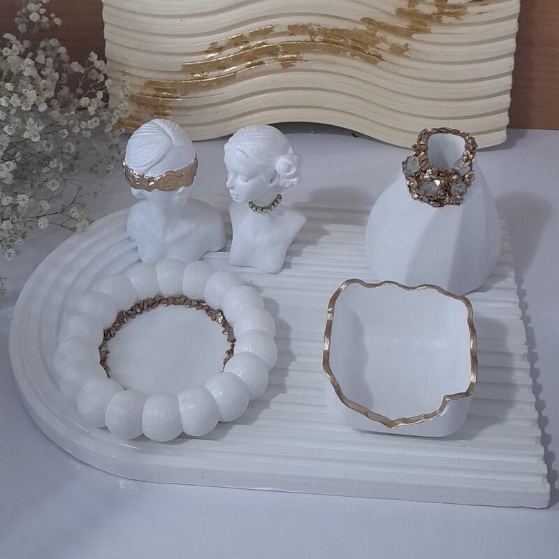 ست دکوراتیو میز آرایش و استند جواهرات سفید و طلایی 6 تکه سنگ مصنوعی (بتنی)
