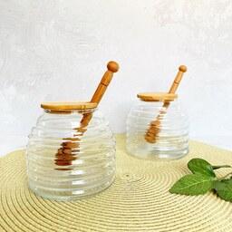 ظرف عسل شیشه ای با  درب و قاشق چوبی برند دنیز
