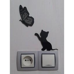 دیوار کوب طرح گربه و پروانه پشت چسبدار 