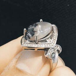 انگشتر نقره زنانه عیار 925 سنگ عقیق شجر اصل آبکاری طلا سفید 