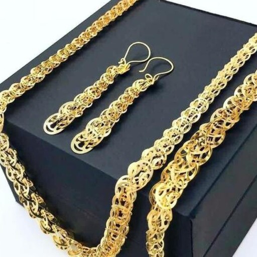 فول ست بیروتی طرح پولکی زنانه رنگ ثابت درجه یک طلا روس گوشواره و دستبند و گردنبند کد1199