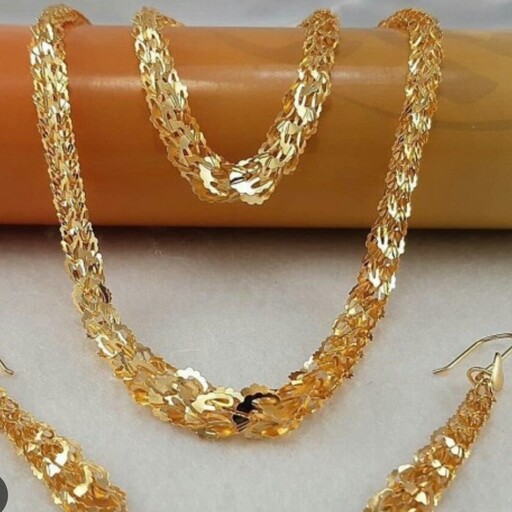 فول ست بیروتی طرح پولکی زنانه رنگ ثابت درجه یک طلا روس گوشواره و دستبند و گردنبند کد1199