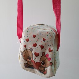 کیف کودک طرح خرس کیف سفید ستاره دار و عکس دار با بند صورتی کیف دخترونه تک زیپ 