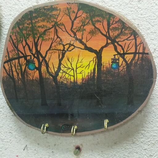 کلید آویز  نقاشی رنگ روغن روی تنه درخت  حراج واقعی شش طرح مختلف