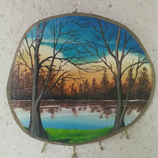 کلید آویز  نقاشی رنگ روغن روی تنه درخت  حراج واقعی شش طرح مختلف