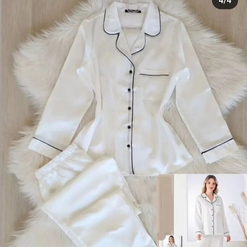 بلوز و شلوار سفید ساتن  لباسخواب و راحتی زنانه سایزبزرگ و سایزکوچک