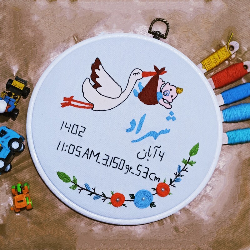دیوارکوب تولد نوزاد گلدوزی شده تقویم تولدنوزاد نقاشی شده با رنگ مخصوص پارچه و گلدوزی شده با دست دیوار کوب اطلاعات نوزاد 