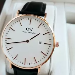 ساعت مچی دنیل ولینگتون Daniel Wellington مردانه دی دبلیو بند چرمی مشکی قاب رز گلد صفحه سفید  ساعت عبدی