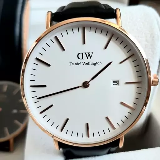 ساعت مچی دنیل ولینگتون Daniel Wellington مردانه دی دبلیو بند چرمی مشکی قاب رز گلد صفحه سفید  ساعت عبدی