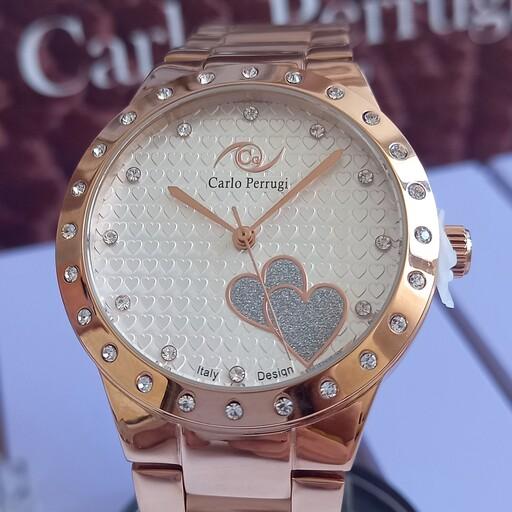 ساعت مچی کارلو پروجیCarlo Perrugi مدل CG2060 زنانه رنگ ثابت قلب نگین دار تمام رزگلد  کارت گارانتی معتبر شرکتی ساعت عبدی