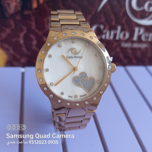 ساعت مچی کارلو پروجیCarlo Perrugi مدل CG2060 زنانه طلائی رنگ ثابت قلب نگین دار دارای کارت گارانتی معتبر شرکتی ساعت عبدی
