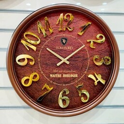 ساعت تام فورد سایز 65 جنس بدنه پلاستیک صفحه پشت ساعت چوبی شماره آبکاری برجسته موتور آرام گرد رنگ قهوه ای