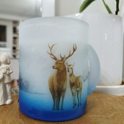 لیوان شیشه ای آبی طرح گوزن