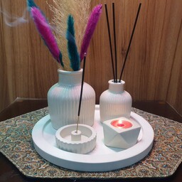 گلدان دکوری مراکشی، جا شمعی مراکشی، جاشمعی 4 وجهی، جاعودی و سینی 25 سانتی جنس سنگ مصنوعی (بتنی) رنگ سفید