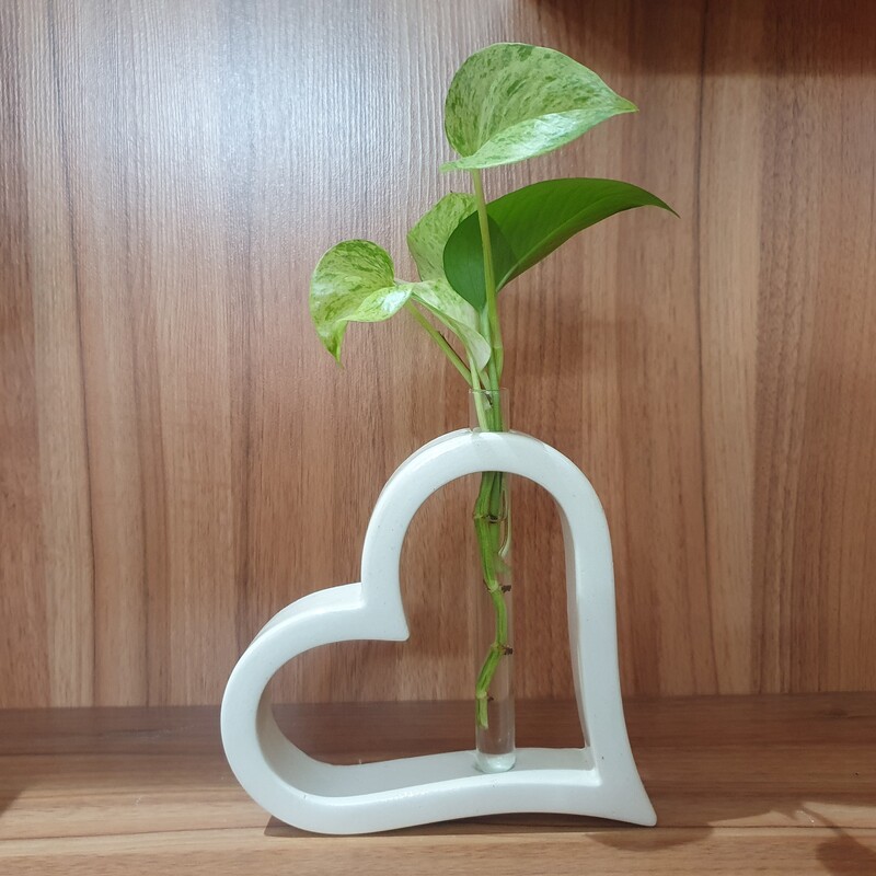 گلدان گلجای قلبی با شیشه جنس سنگ مصنوعی (بتنی) رنگ سفید  (بدون جلا دهنده)