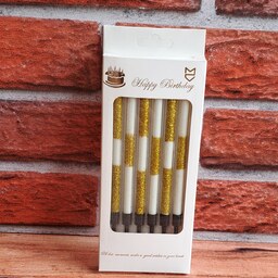 شمع مدادی طلایی و سفید بسته 6 عددی ، شمع تولد طلایی و سفید دو رنگ