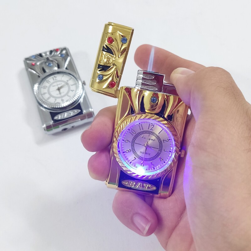 فندک ساعت دار چراغ دار هدیه و کادویی خاص - در دو رنگ طلایی و نقره ای