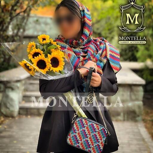 ست کیف و روسری و شال زنانه طرح رنگارنگ با کیف کوچک و روسری نخی قواره 140 ارسال رایگان  mo244
