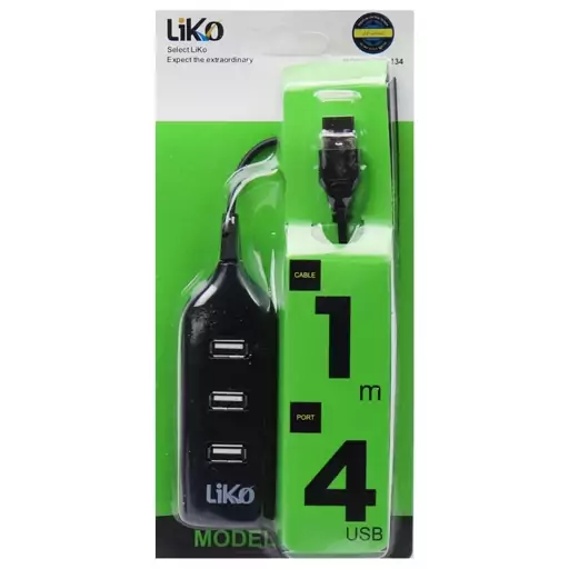 هاب 4 پورت usb برند لیکو LIKO رنگ مشکی با کابل 