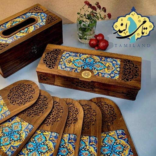 مجموعه 3 تکه پذیرایی چوبی طرح کاشی آبی و زرد صنایع دستی تامیلند 