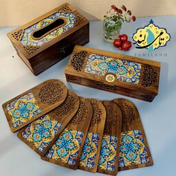 مجموعه 3 تکه پذیرایی چوبی طرح کاشی آبی و زرد صنایع دستی تامیلند 