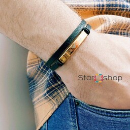 دستبند چرم مردانه با پلاک طلایی (ارسال رایگان)