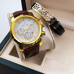 ست مردانه ساعت و سرویس ساعت مردانه رومانسون و دستبند چرمی رنگ ثابت
