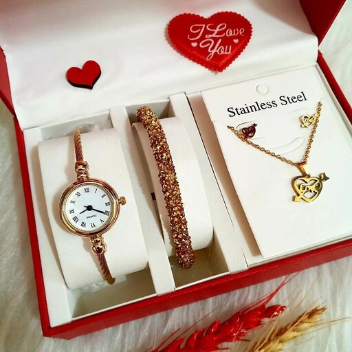 ساعت طلایی زنانه با نیمست و دستبند و جعبه ارسال رایگان