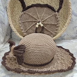 ست کیف و کلاه مکرومه رنگ نسکافه ی قهوه ی  کلاه ساحلی 