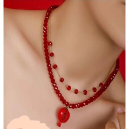 گردنبند دوردیفه انار  و کریستال قرمز با زنجیر استیل رنگ ثابت