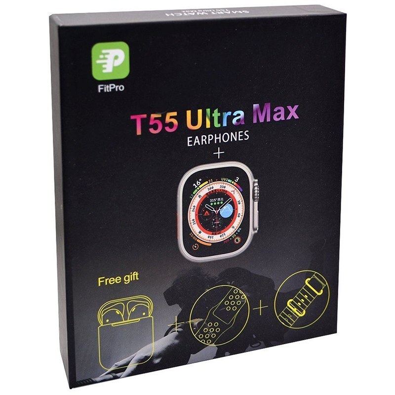 ساعت هوشمند T55 Ultra Max به همراه ایرپاد سری 2 - پک هدیه کودکان