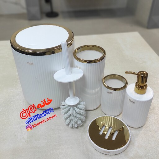 ست سرویس بهداشتی 5 پارچه دومان مدل هیوا رنگ سفید طلایی جنس محصول از پلاستیک (ارسال رایگان) 