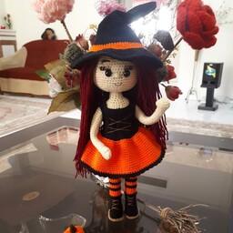 عروسک دختر جادوگر هالووین (دستبافت) حدودا 40 سانت با در نظر گرفتن کلاه