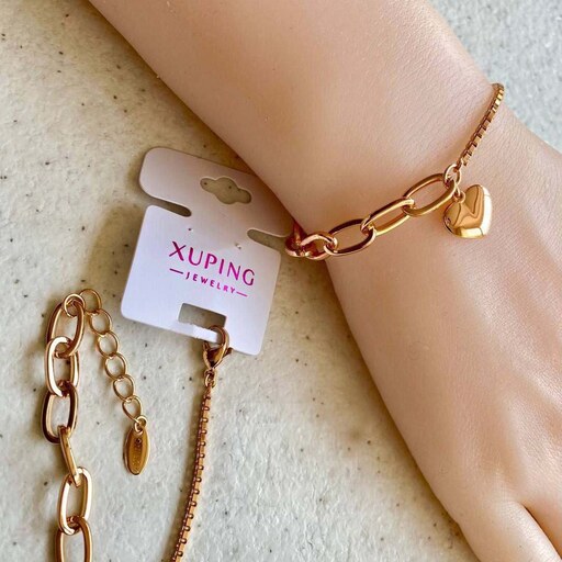 دستبند ژوپینگ زنجیر ونیزی-کابلی با پلاک قلب طلایی