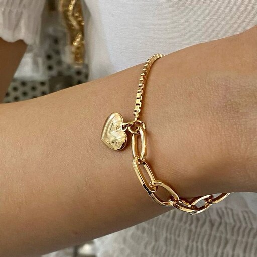 دستبند ژوپینگ زنجیر ونیزی-کابلی با پلاک قلب طلایی