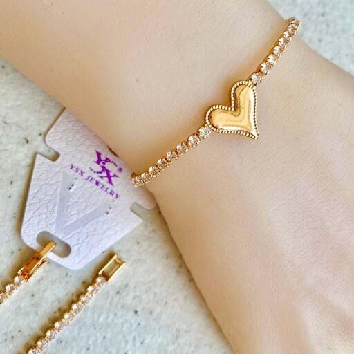 دستبند ژوپینگ تنیسی با پلاک قلب طلایی