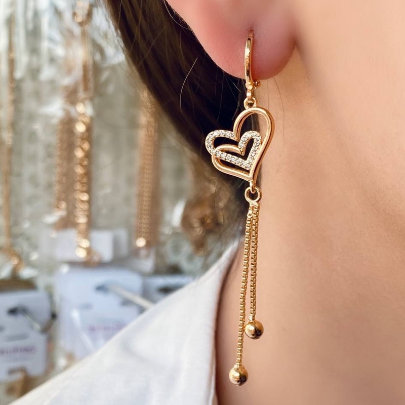 گوشواره  زنانه گوشواره آویز دار زنانه برند YSX طرح دوقلب طلایی با رنگ ثابت