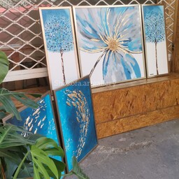 تابلو سه تکه گل آبی ابعا کلی 80 در140 بدون قاب قابل اجرا در رنگ و ابعاد دلخواه