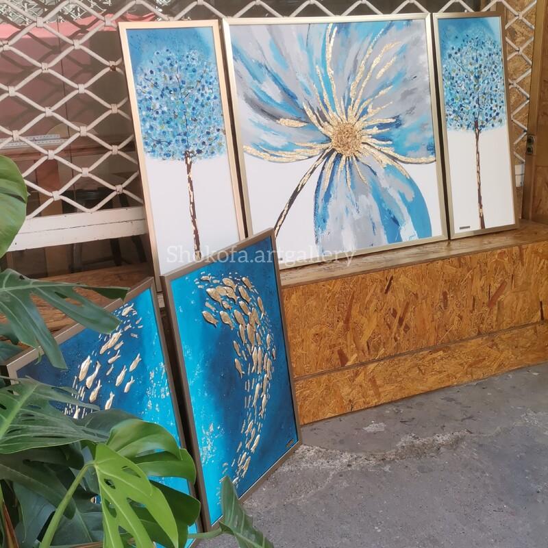 تابلو سه تکه گل آبی ابعا کلی 80 در140 بدون قاب قابل اجرا در رنگ و ابعاد دلخواه