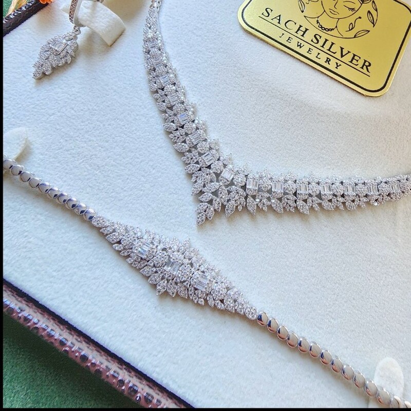 سرویس نقره جواهری قالب جدید همراه با روکش طلا سفید 