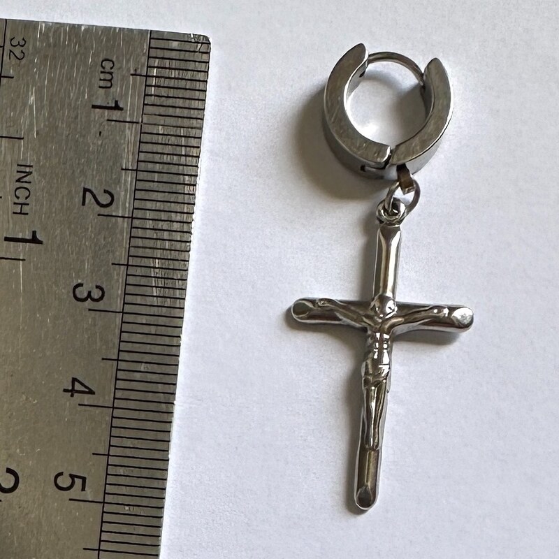 گوشواره استیل آویز صلیب نقره ای دستساز (یک عدد)