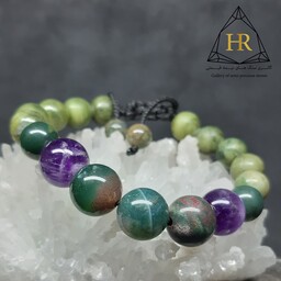دستبند جاسپر سبز، آمیتیست و یشم(سرپانتین) با سنگهای طبیعی و اصل
