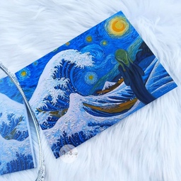 تابلو چوبی طرح شب پرستاره ونگوگ و نقاشی جیغ و موج عظیم کاناگاوا سایز  A4