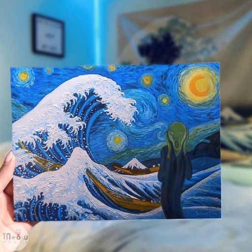 تابلو چوبی طرح شب پرستاره ونگوگ و نقاشی جیغ و موج عظیم کاناگاوا سایز آ5